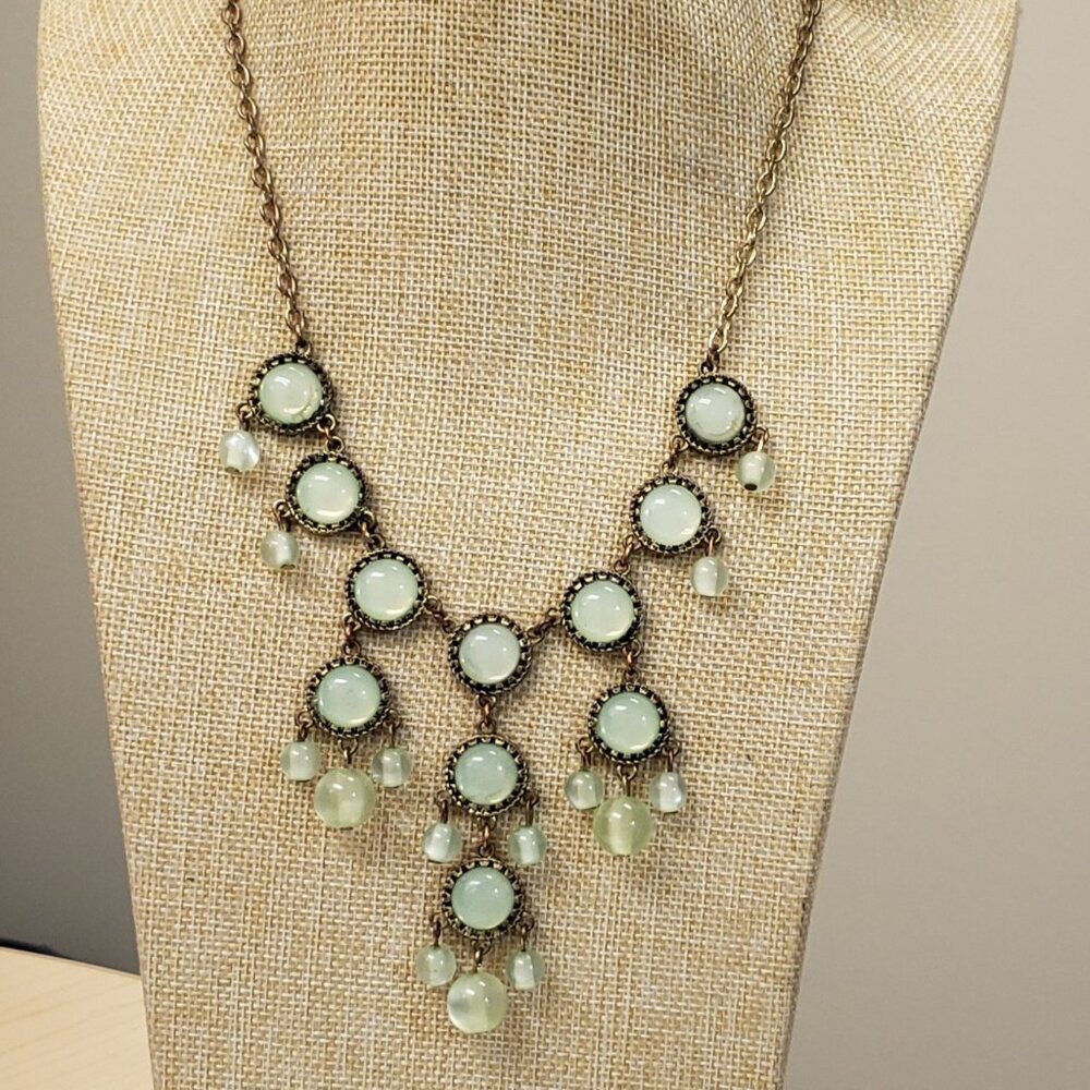 Mint green, vintage, gold tone beaded drop dangle statement necklace